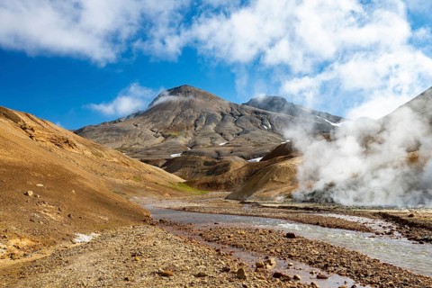 Steaming springs and colourful rhyolite mountains, Hveradalir geothermal area, Kerlingarfjöll,