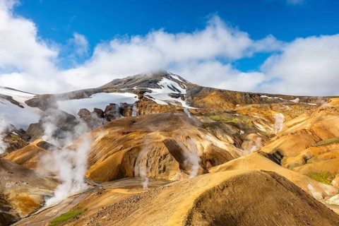 Steaming springs and colourful rhyolite mountains, Hveradalir geothermal area, Kerlingarfjöll,