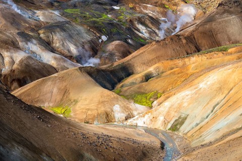 Steaming springs and colourful rhyolite mountains, Hveradalir geothermal area, Kerlingarfjöll,