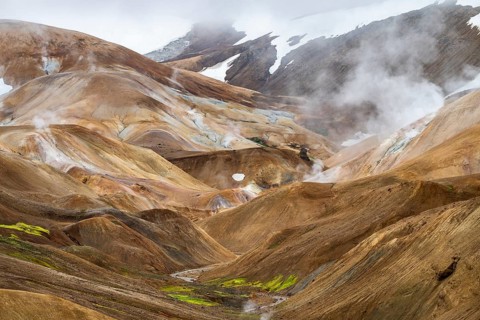 Steaming springs and colourful rhyolite mountains, Hveradalir geothermal area, Kerlingarfjöll,