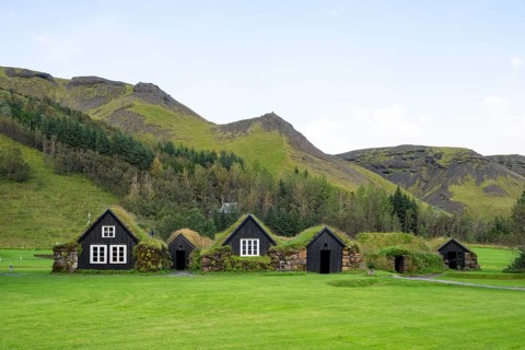Traditional houses with grass roofs at Skogar Museum, South Iceland, Iceland
