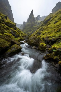 River in narrow gorge, Þakgil, Pakgil, Icelandic Highlands, Iceland
