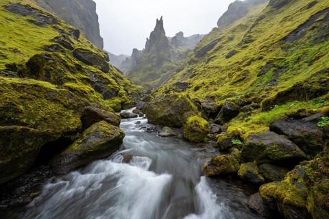 River in narrow gorge, Þakgil, Pakgil, Icelandic Highlands, Iceland