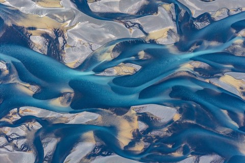Branching course of a glacial river, abstract structures, South Iceland, Iceland