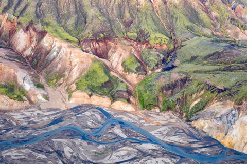 Rhyolite mountains and river course in Landmannalaugar, Fjallabak Nature Reserve, Icelandic