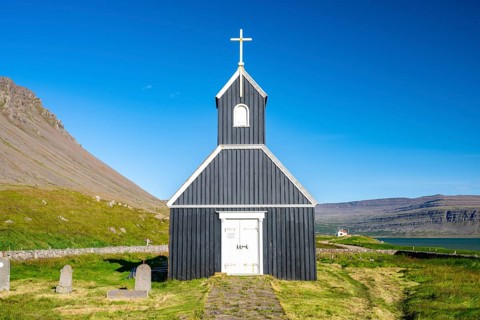 Saurbæjarkirkja Church, Raudisandur Beach, Westfjords, West Iceland, Iceland
