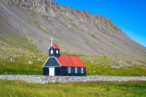 Saurbæjarkirkja Church, Raudisandur Beach, Westfjords, West Iceland, Iceland