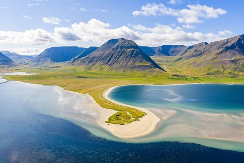 Fjord with sandy beach and mountains, Westfjords, West Iceland, Iceland