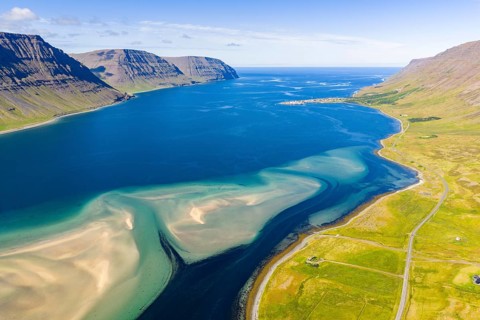 Fjord with sandy beach and mountains, Westfjords, West Iceland, Iceland