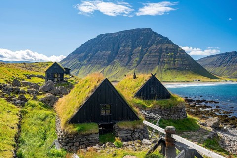 Traditional houses of an old fishing village, Ósvör Fishing Museum, Bolungarvik, Westfjords, West