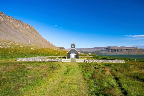 Saurbæjarkirkja Church, Raudisandur Beach, Westfjords, West Iceland, Iceland