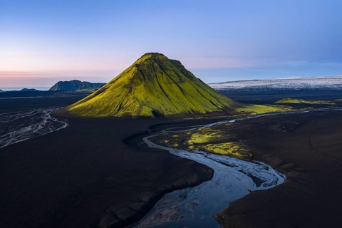 Moss-covered mountain Mælifell, Maelifell, behind glacier Myrdalsjökull, Icelandic Highlands,