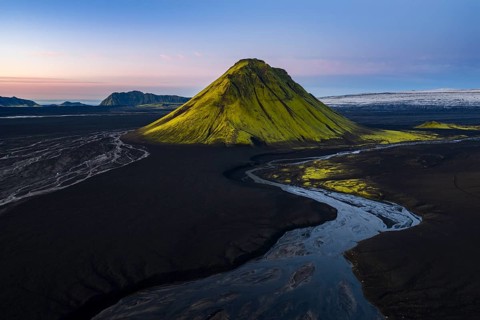 Moss-covered mountain Mælifell, Maelifell, behind glacier Myrdalsjökull, Icelandic Highlands,