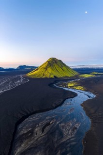 Moss-covered mountain Mælifell, Maelifell, behind glacier Myrdalsjökull, Icelandic Highlands,