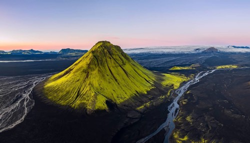 Moss-covered mountain Mælifell, Maelifell, behind glacier Myrdalsjökull, Icelandic Highlands,