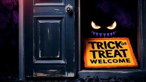 A dark doorway features an ominous figure with glowing eyes. A vibrant welcome mat with Halloween