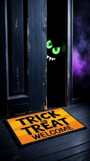 A dark door slightly ajar reveals a hidden monster with glowing green eyes and a spooky atmosphere,