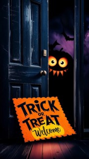 Spooky Halloween door with a welcoming sign reading trick or treat and playful cute pumpkin monster