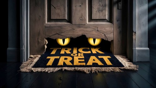 Worn wooden door with glowing monster eyes behind a tattered welcome mat that reads trick or treat