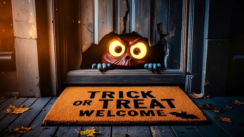 An eerie wooden door revealing a monster with yellow glowing eyes peeking through a hole. A trick