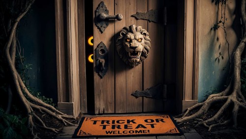 Two bright yellow eyes peer out from the wooden door with a lion knocker, waiting for trick or