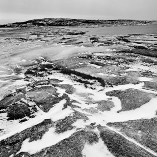 Rocky landscape in Ramvikslandet nature reserve, black and white, analogue, Bohuslän, Västra