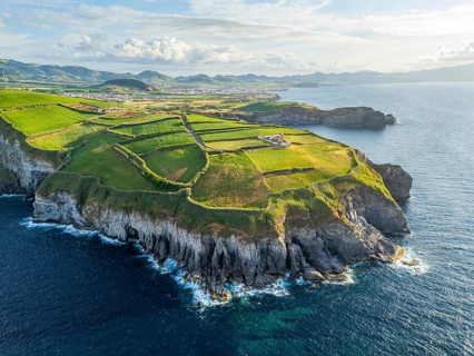 Cape Cintrao, Cliffs, Green Hills, Fields and Atlantic Ocean. Azores, Sao Miguel Island. Portugal.