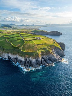 Cape Cintrao, Cliffs, Green Hills, Fields with Pasturelands and Atlantic Ocean. Azores, Sao Miguel