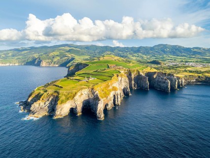 Cape Cintrao, Cliffs, Green Lush Hills, Fields, Pasturelands and Atlantic Ocean. Azores, Sao Miguel