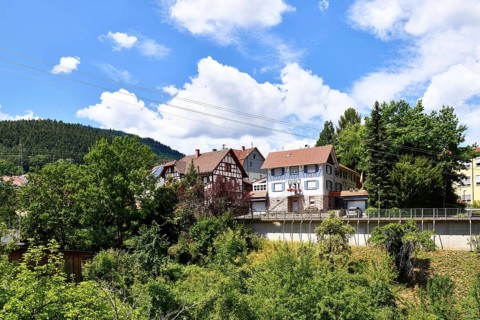 Forbach, Germany - July 12th 2025: Buildings surrounded by trees in Forbach. Scenic summer view of