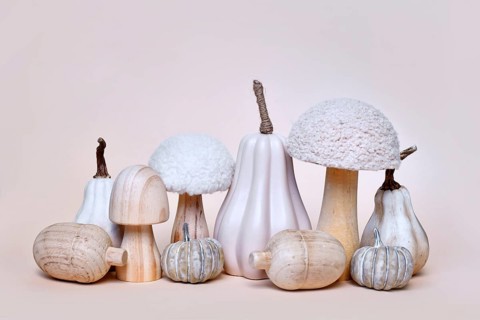Decorative pumpkin, mushroom and acorn ornaments on beige background. Boho autumn composition