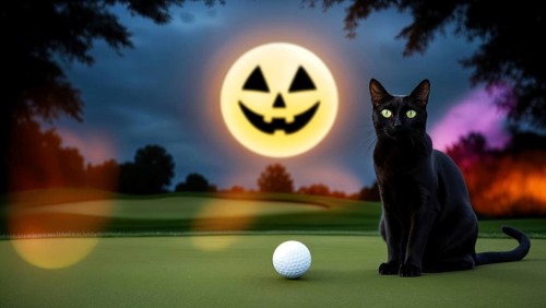 A black cat sits by a golf ball under a glowing jack-o'-lantern moon in a shadowy landscape on