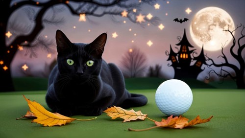A black cat sits beside autumn leaves and a golf ball, with a full moon and haunted house in the
