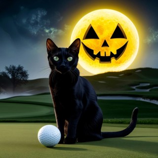 A black cat sits on putting green near a golf ball under a glowing jack-o'-lantern moon in a dark,