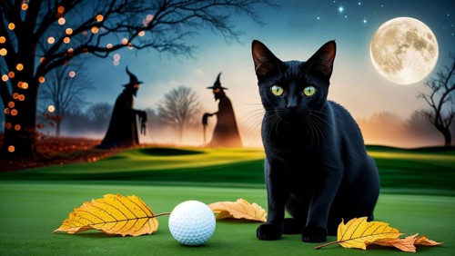 A black cat sits near a golf ball and autumn leaves, with witches and a full moon in the background