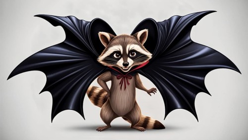 Cartoon raccoon wearing a black cape that flutters in the wind like the large wings of a bat,