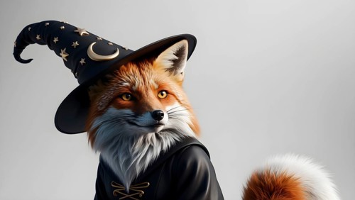 A fox wearing a black wizard hat with stars and a crescent moon, and a cloak, exuding a whimsical