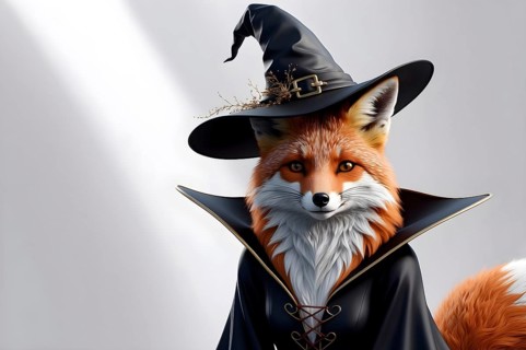 An elegant and mysterious fox wizard wearing a witch hat and black cloak decorated with golden