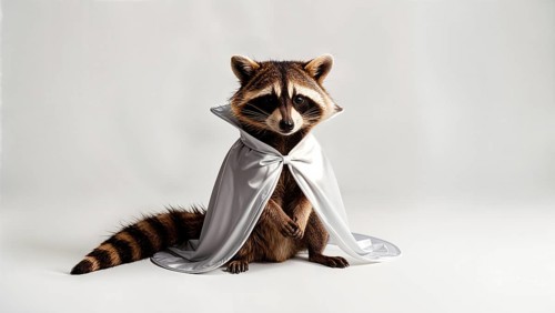 Raccoon dressed as a ghost for a Halloween party, wearing a white cloak with a small bow, against a