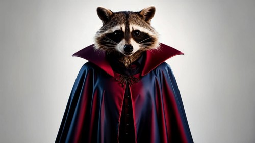 Raccoon vampire in a dramatic portrait with a red and blue cape, serious expression. AI generated