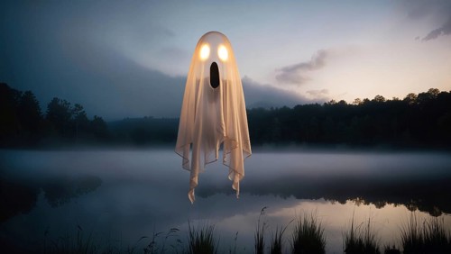 A ghost with glowing eyes hovers above a calm lake on Halloween night. Mist rolls over the water as