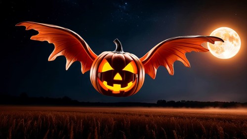 A jack-o'-lantern ghost with bat wings flying above a golden wheat field on Halloween night. The
