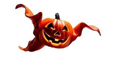 A cheerful jack-o'-lantern with a friendly grin and swaying ghostly drapes floats in the air on