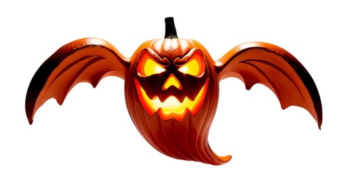 A glowing jack-o'-lantern pumpkin carved like a ghost with bat wings flying on a white background.