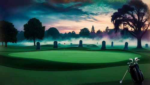 A misty golf course sets the scene for Halloween night. Ghostly fog blankets the ground while
