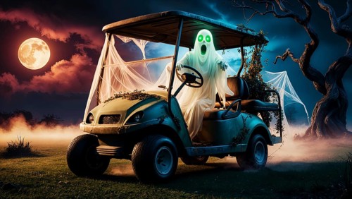 In a dark, eerie setting, a ghostly figure with a glowing green face is seen driving a golf cart