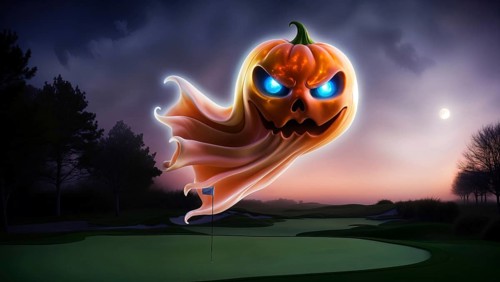 A flying jack o lantern ghost hovers above a golf course at night on Halloween, illuminated by