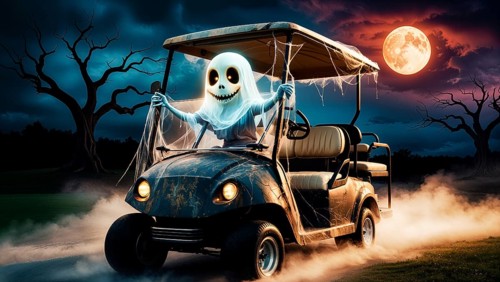 A ghostly figure in a white sheet drives a golf cart through a misty, eerie scene at night. The