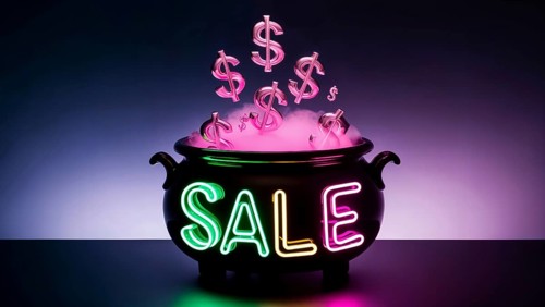 A black cauldron emits a colorful neon sale sign while dollar signs magically rise from the