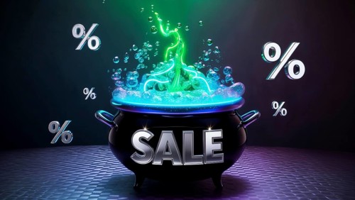 A black cauldron bubbles with a glowing potion, surrounded by animated percent signs. A shiny sale